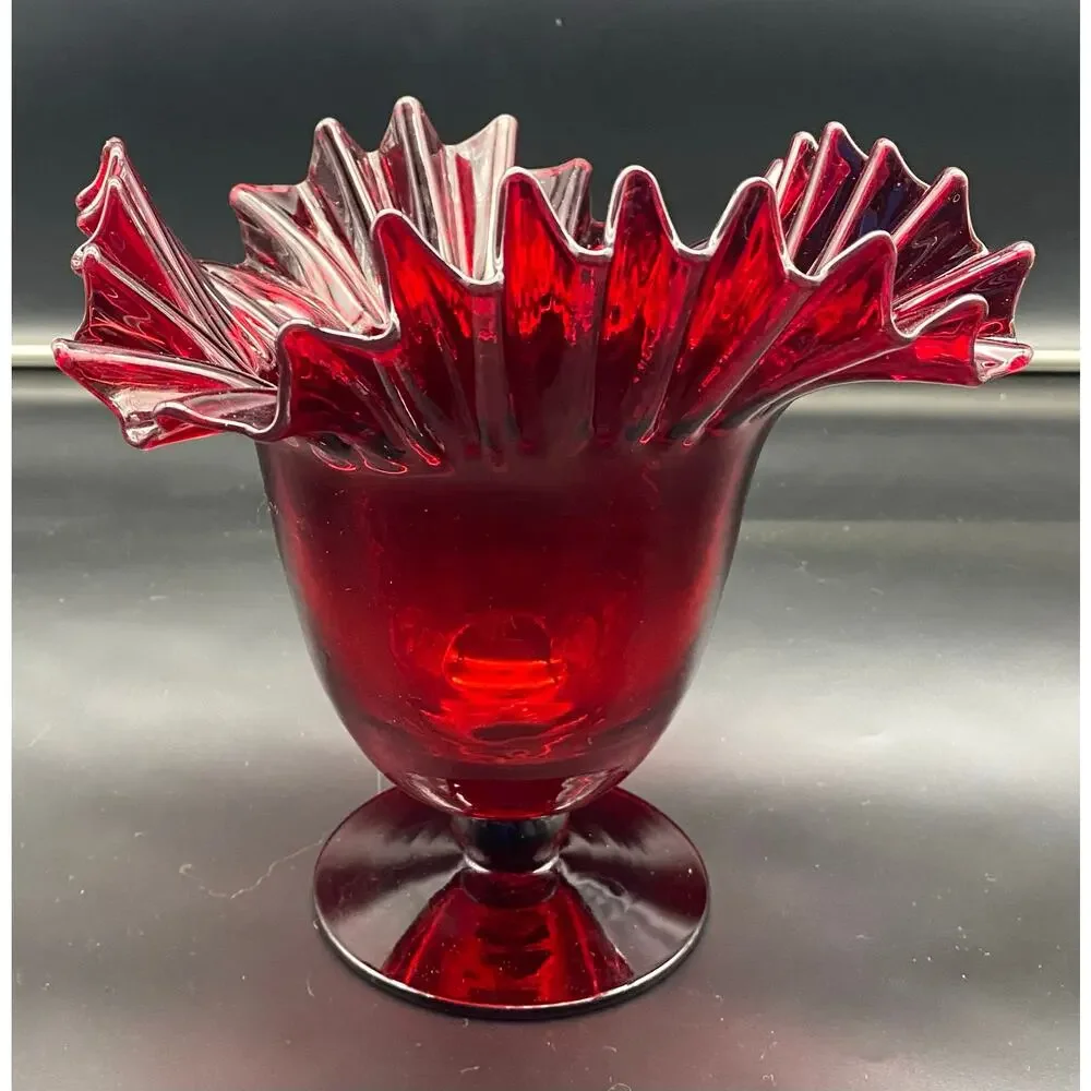 Vintage Blenko Ruby Red Crimped Edge Pedestal Vase 9
